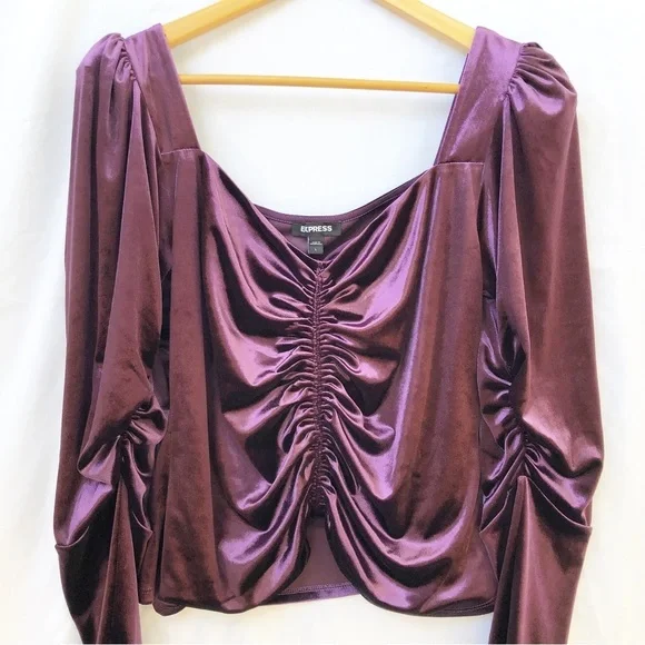 EXPRESS | LARGE DARK PURPLE VELVET RUCHED LONG SLEEVED BLOUSE TOP - Picture 3 of 6